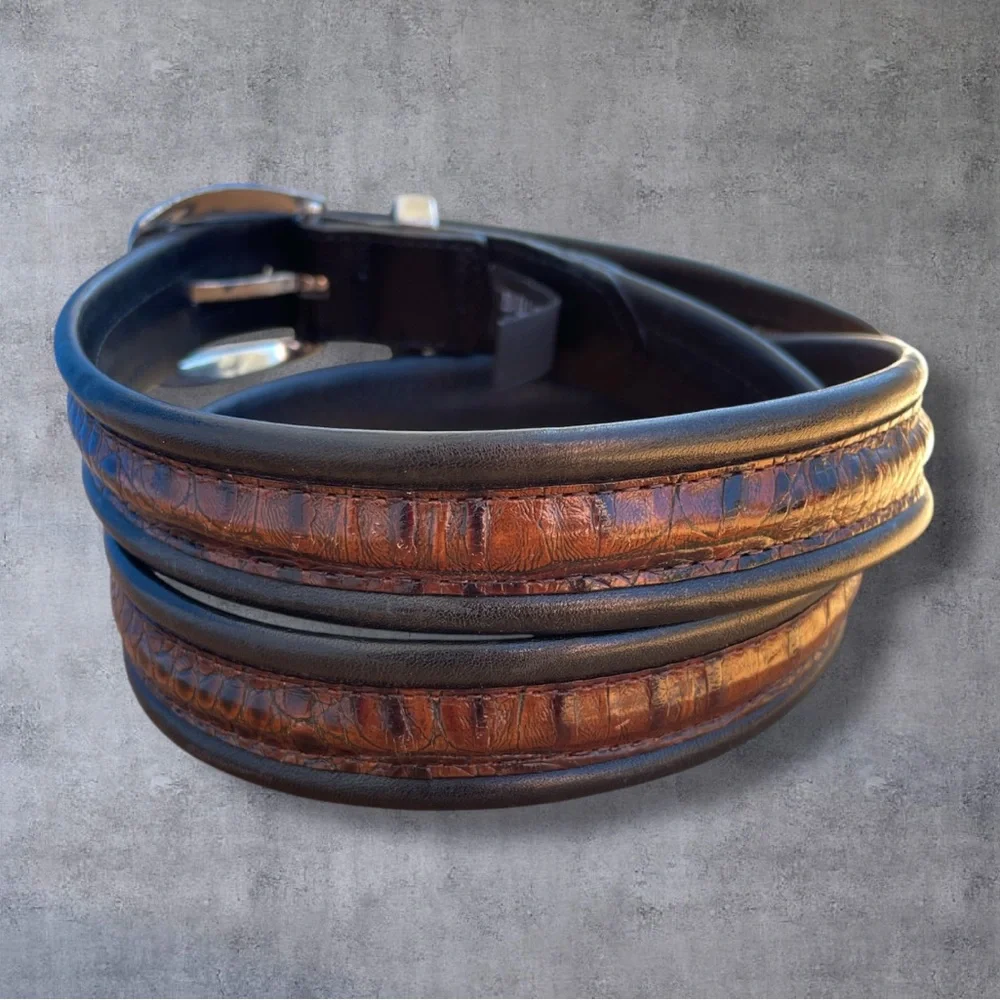 Brighton Leather Crocodile Pattern Browns with Black Belt Silver-tone Buckle 36